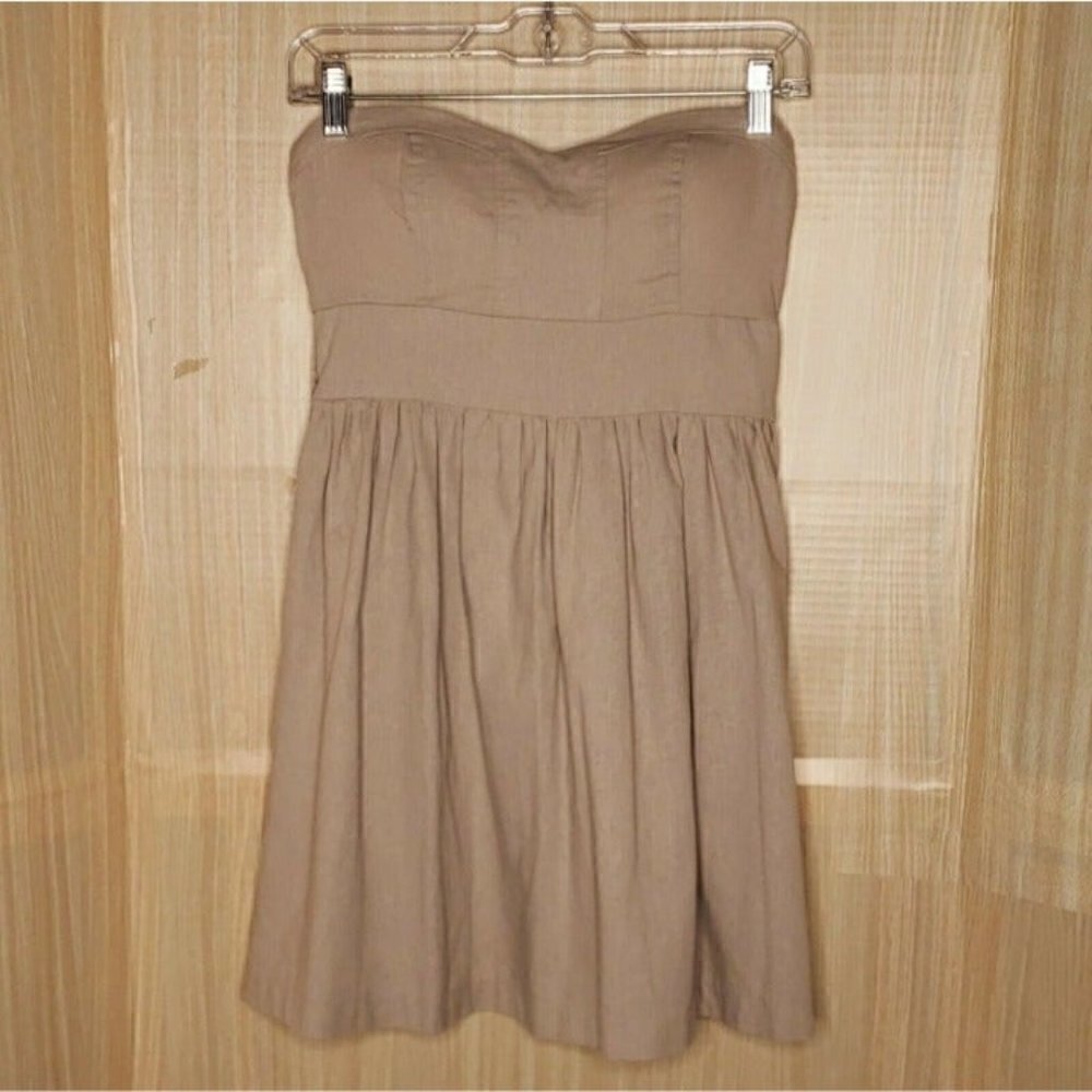 Poetry Clothing Womens Strapless Sweetheart Tan Linen Blend Mini Dress Medium
